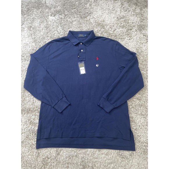 Polo Ralph Lauren Polo Shirt Mens Large Navy Long Sleeve Pique Mesh Classic Fit - Picture 1 of 12